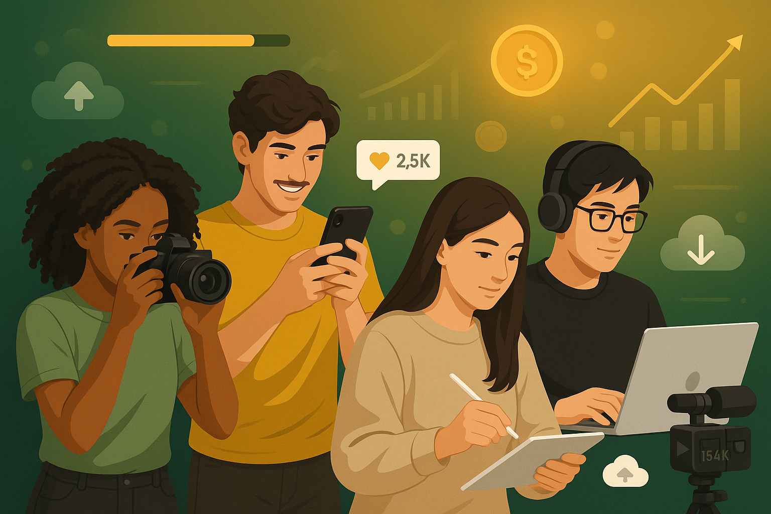 Diverse creators using cameras, phones, and laptops to create content
